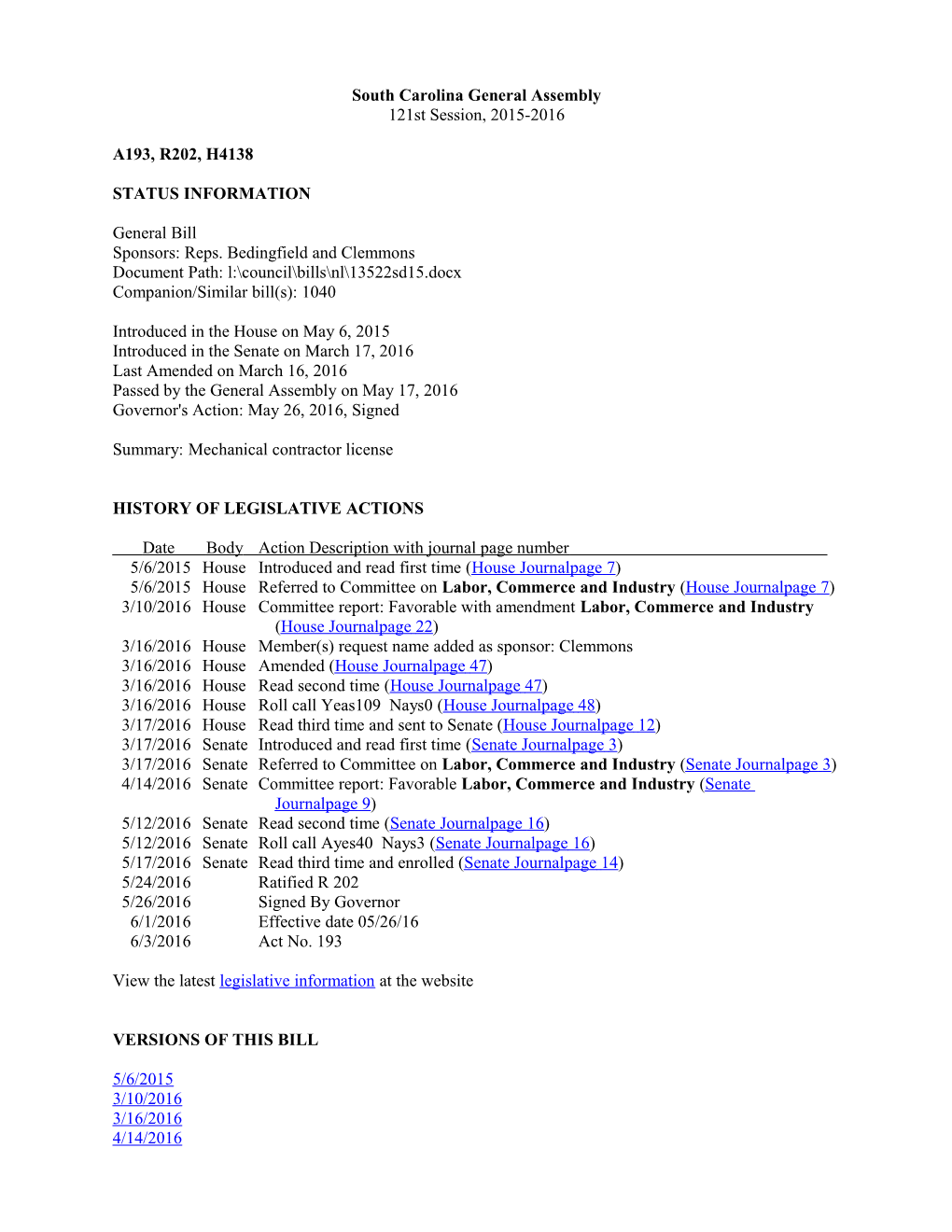 2015-2016 Bill 4138: Mechanical Contractor License - South Carolina Legislature Online