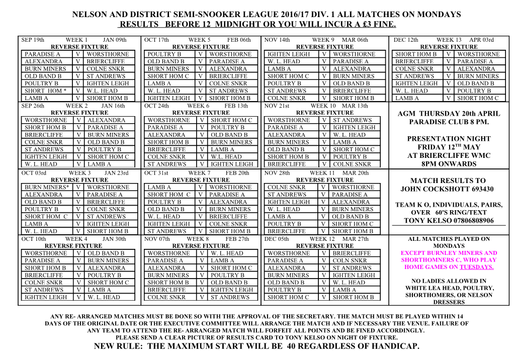 Nelson and District Semi-Snooker League Div