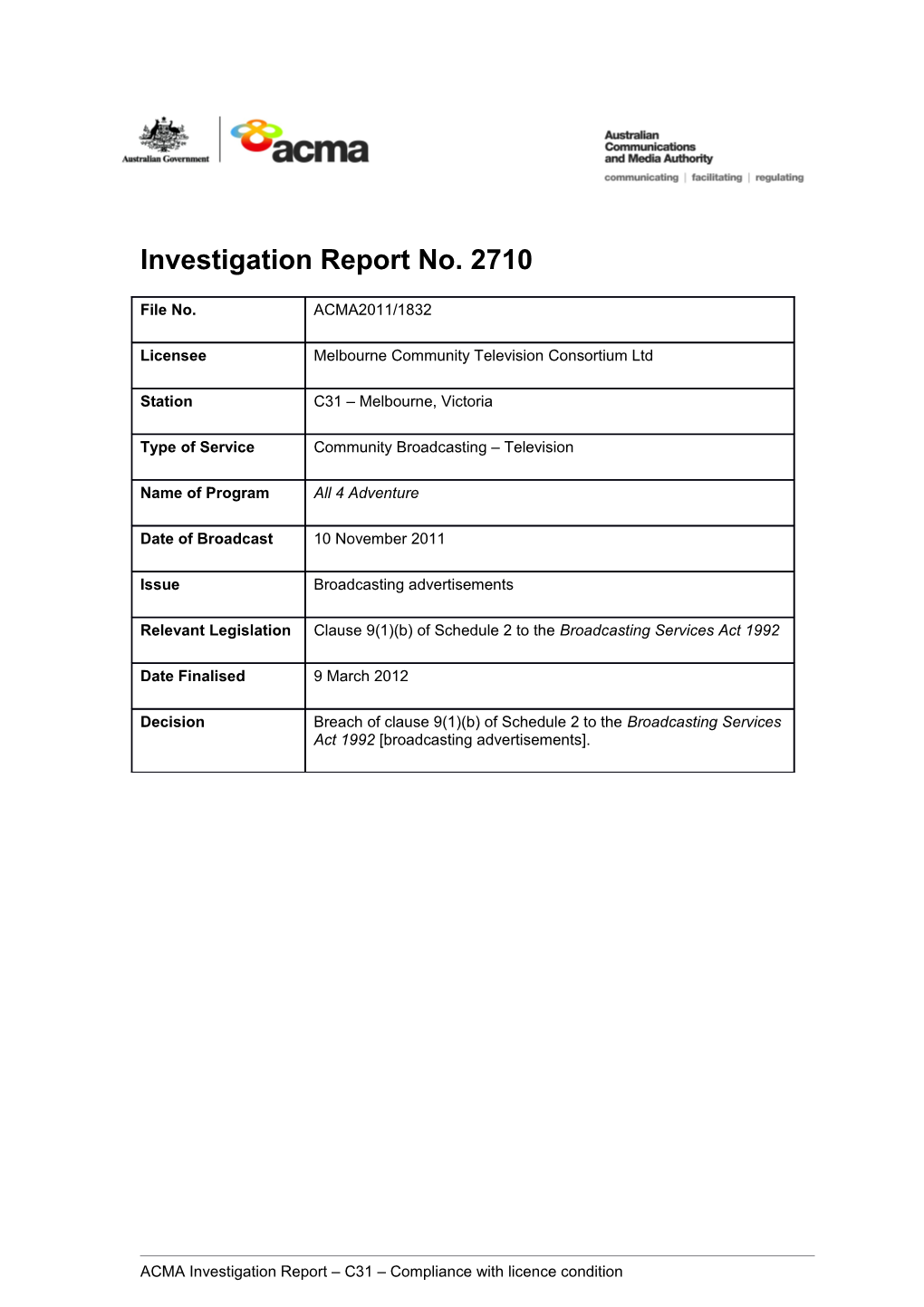 C31 Melbourne - ACMA Investigation Report 2710