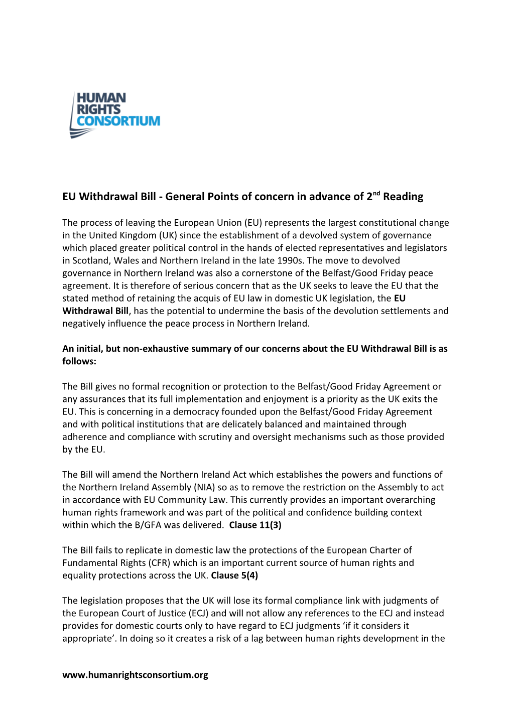 EU Withdrawal Bill - General Points of Concern in Advance of 2Nd Reading
