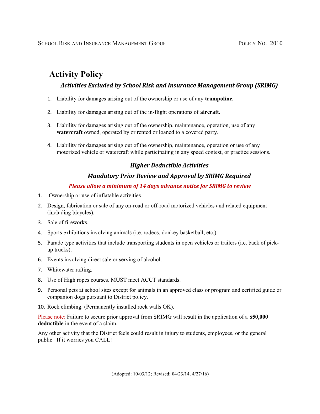 School Risk and Insurance Management Group Policy No. 2010