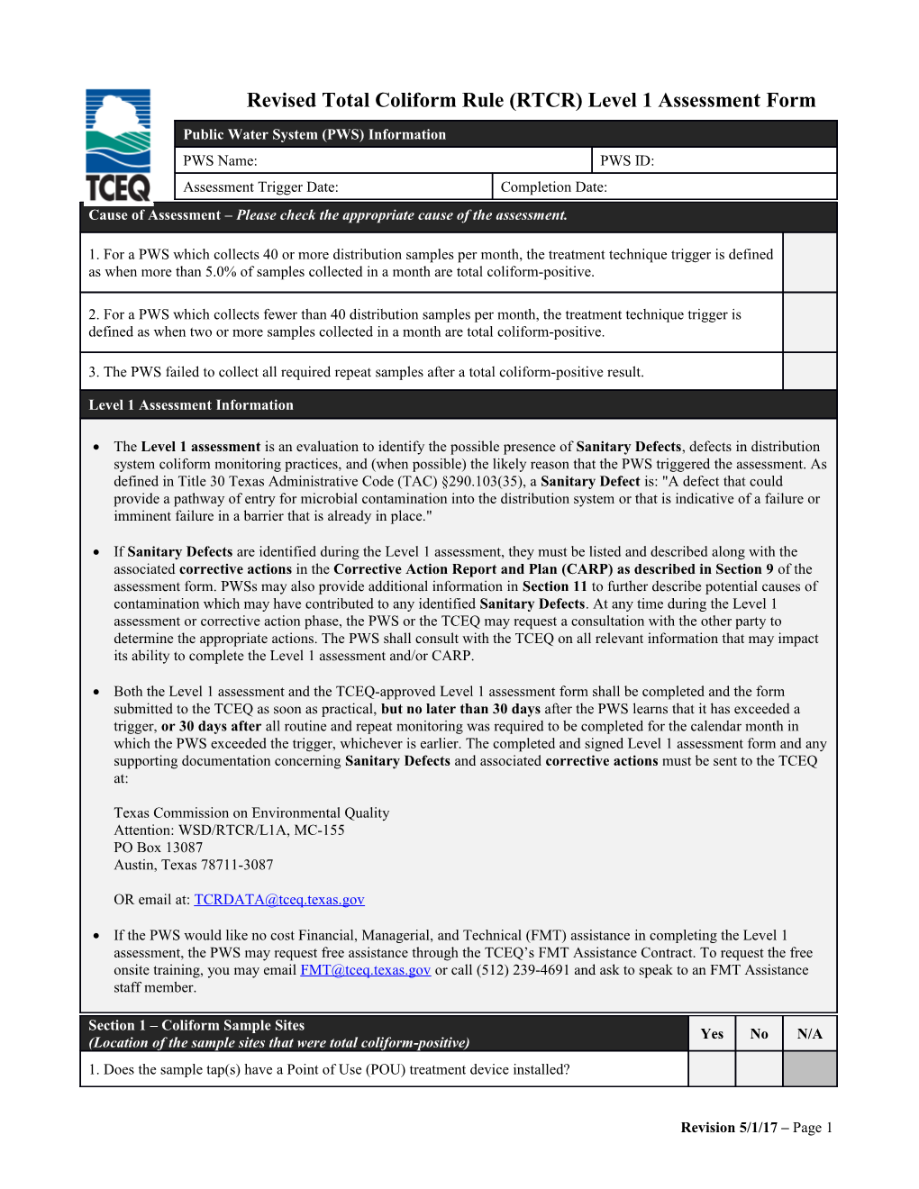 Revised Total Coliform Rule (RTCR) Level 1 Assessment Form