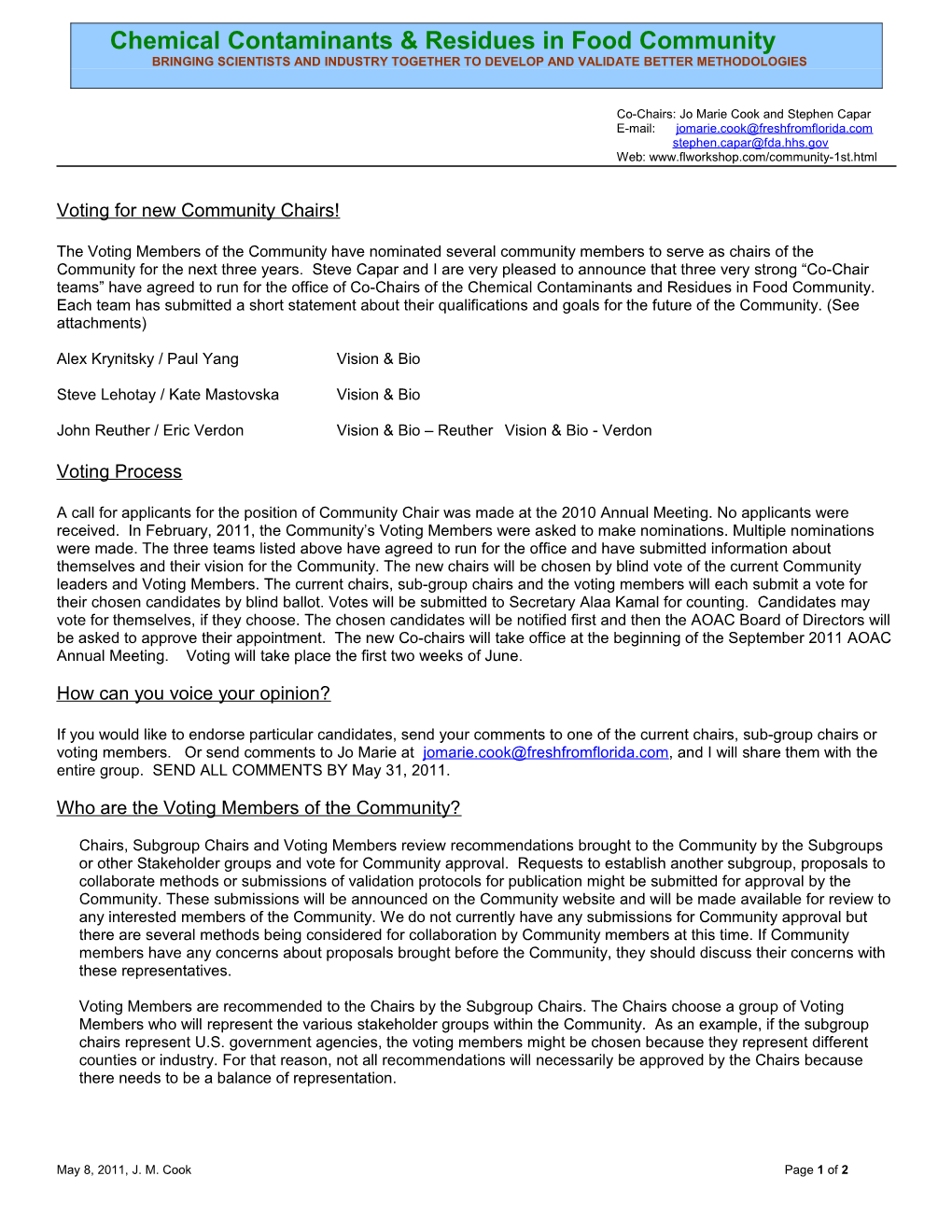 Chemical Contaminants & Residues in Food Community