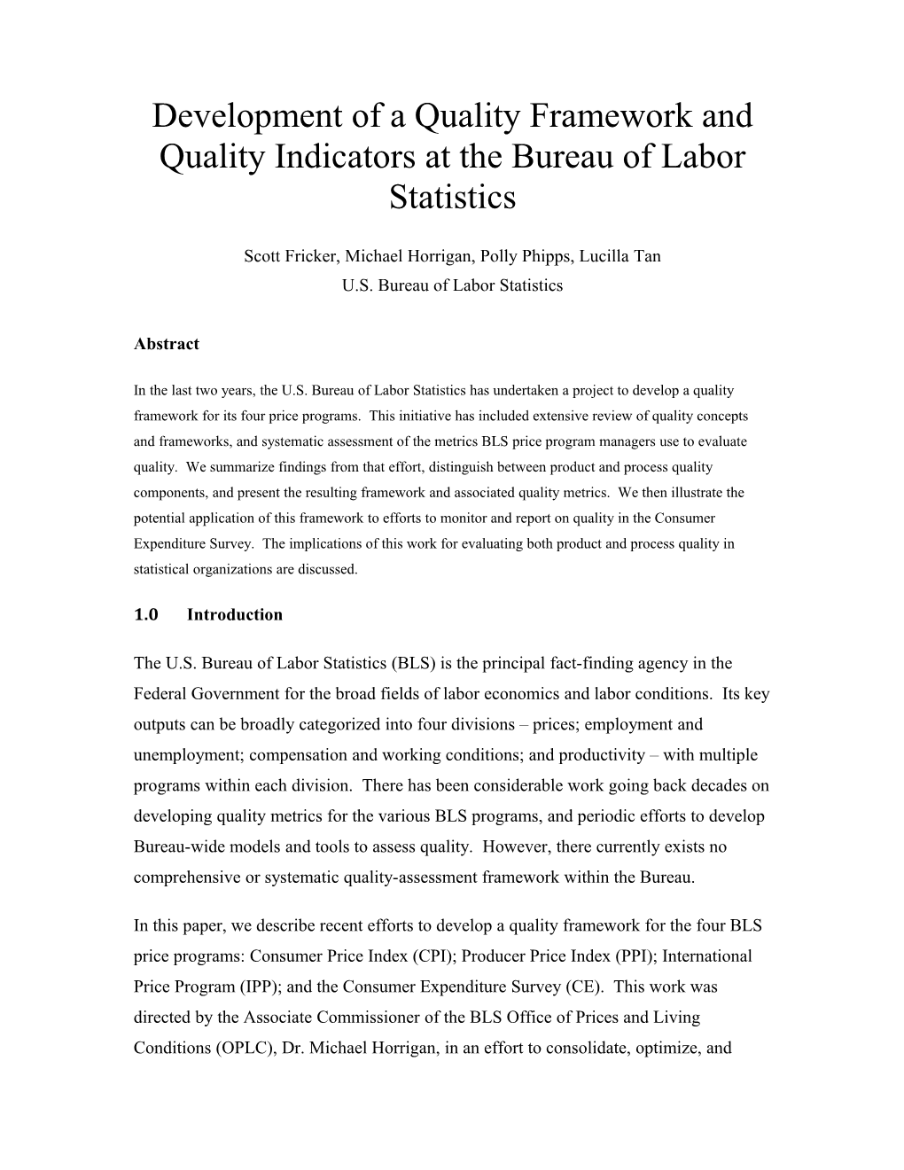 Development of a Quality Framework and Quality Indicators at the Bureau of Labor Statistics