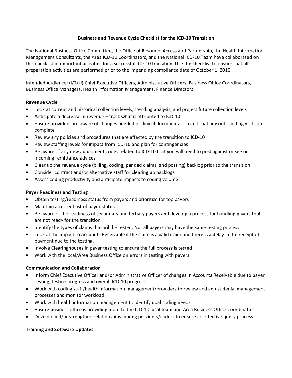 Business and Revenue Cycle Checklist for the ICD-10 Transition