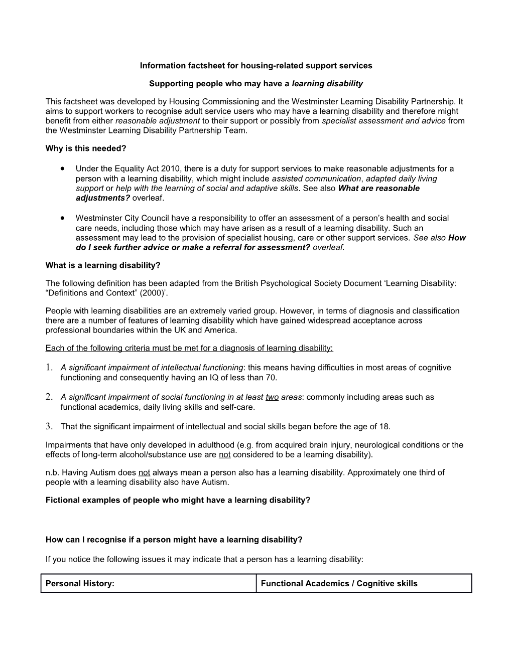 Information Factsheet for Housing-Related Support Services
