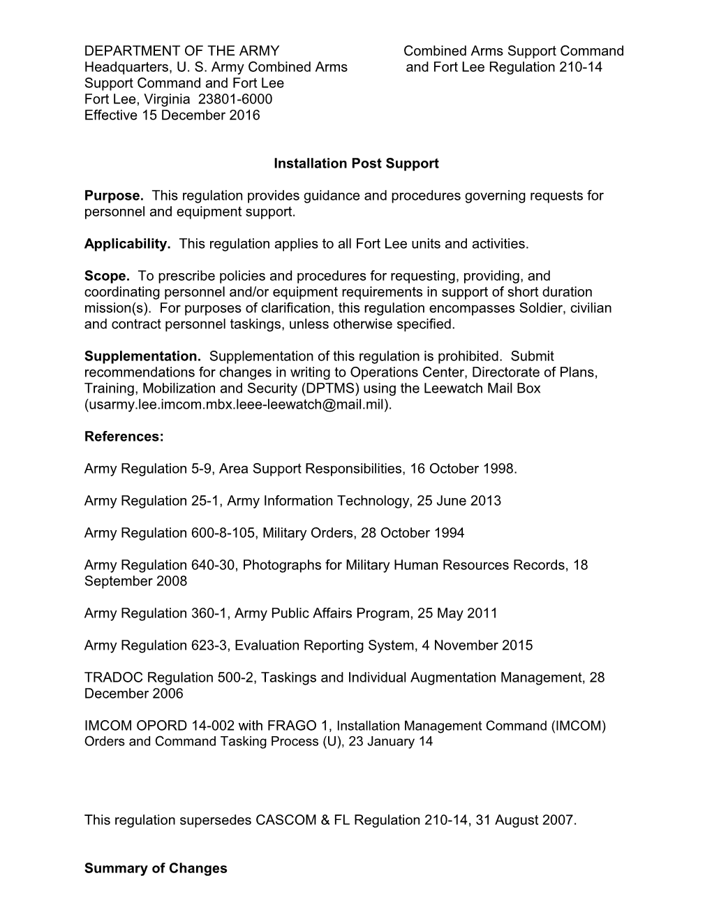 DEPARTMENT of the ARMY CASCOM&FL Reg 210-14 s1