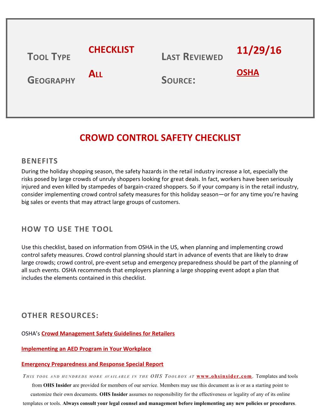 Crowd Control Safety Checklist