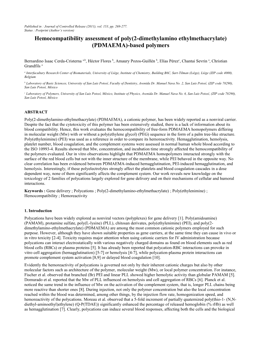 Hemocompatibility Assessment of Poly(2-Dimethylamino Ethylmethacrylate) (PDMAEMA)-Based