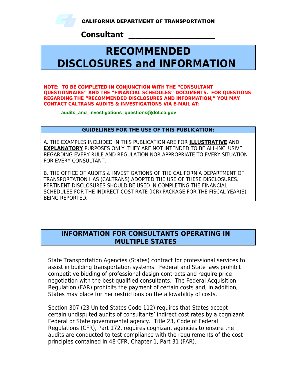 Publication of Recommended Disclosures and Information Needed When Audits Are Intended