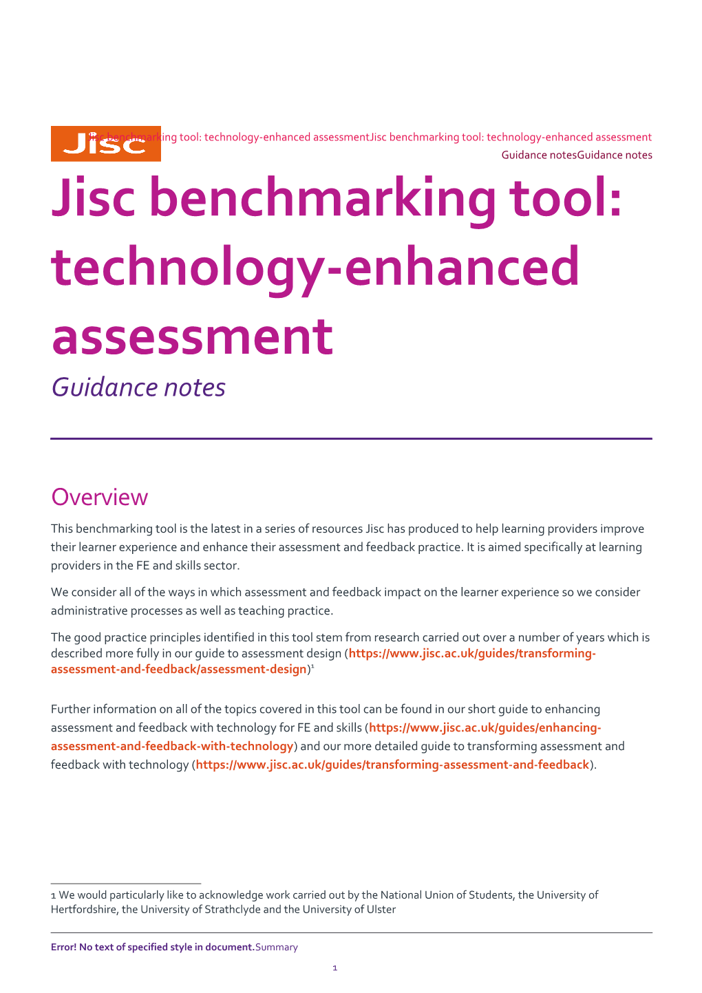 Jisc Benchmarking Tool: Technology-Enhanced Assessment