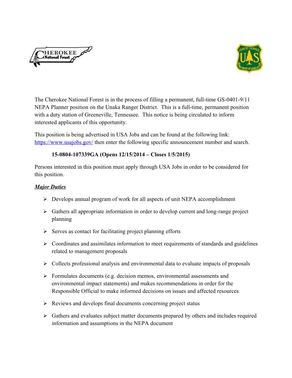 The Cherokee National Forest Is in the Process of Filling a Permanent, Full-Time GS-0401-9/11
