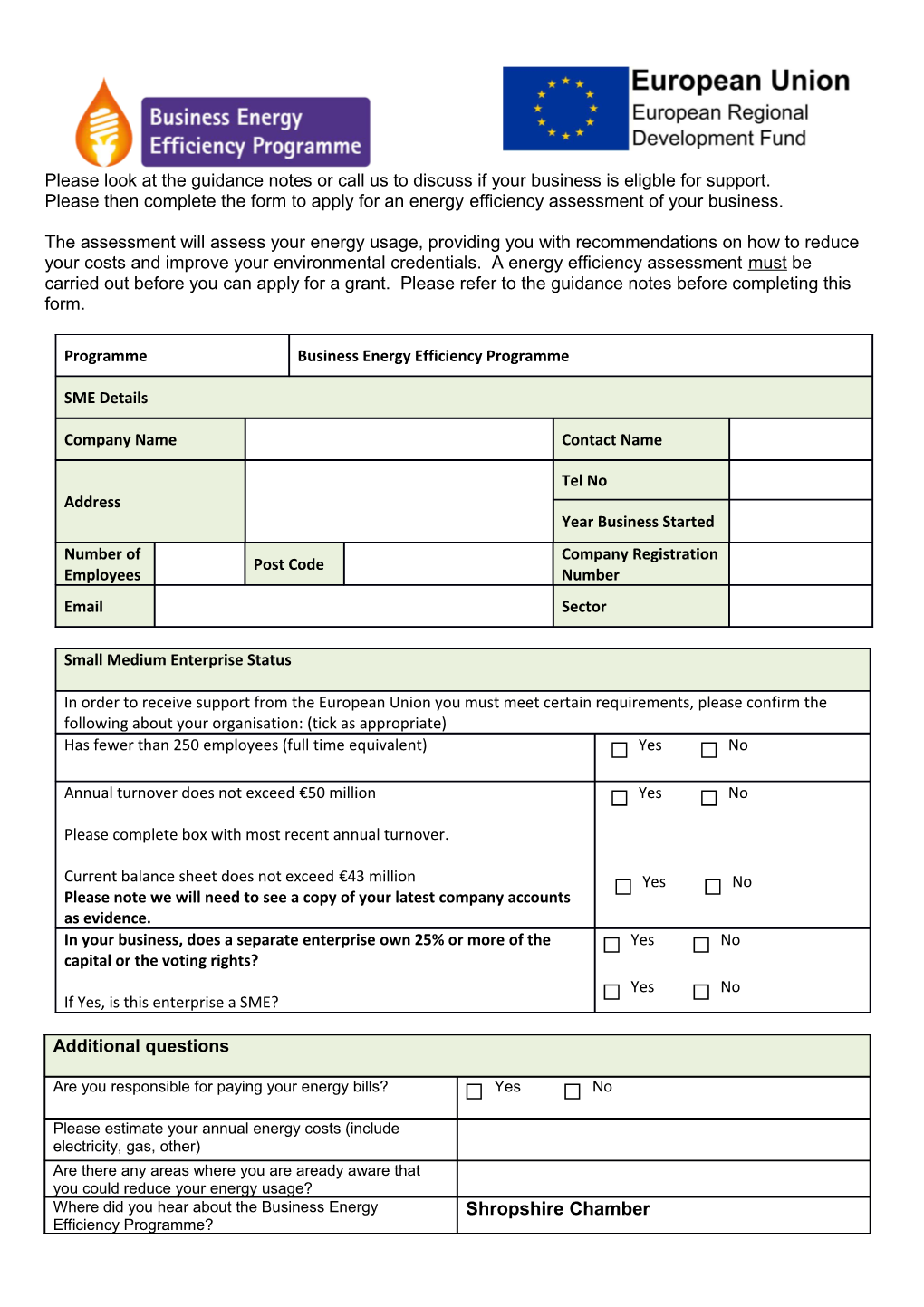 Please Then Complete the Form to Apply for Anenergyefficiency Assessment of Your Business