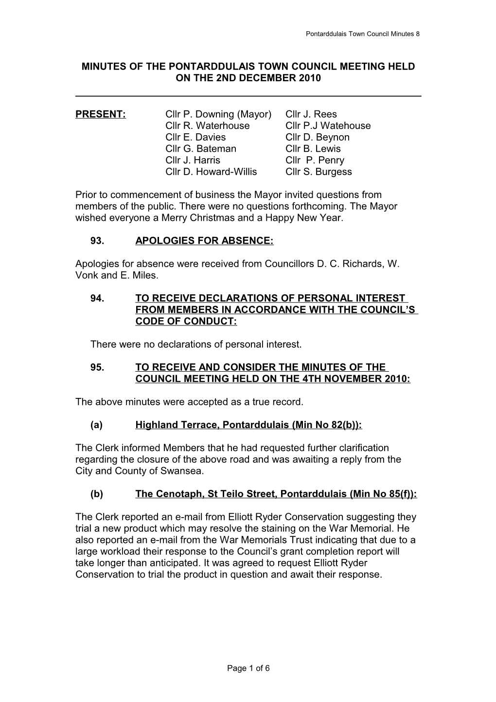 Minutes of the Pontarddulais Town Council Held on the 8Th January 2008 s1