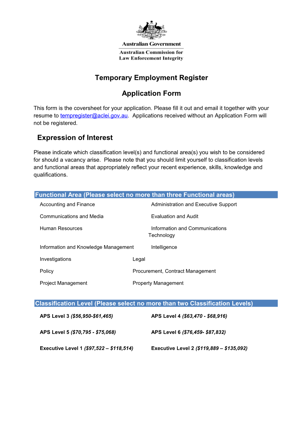 ACLEI Applicant Form Temporary Register