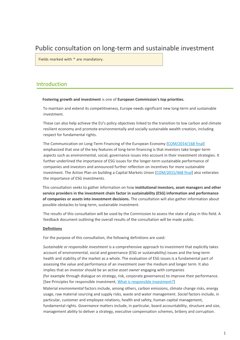 Public Consultation on Long-Term and Sustainable Investment