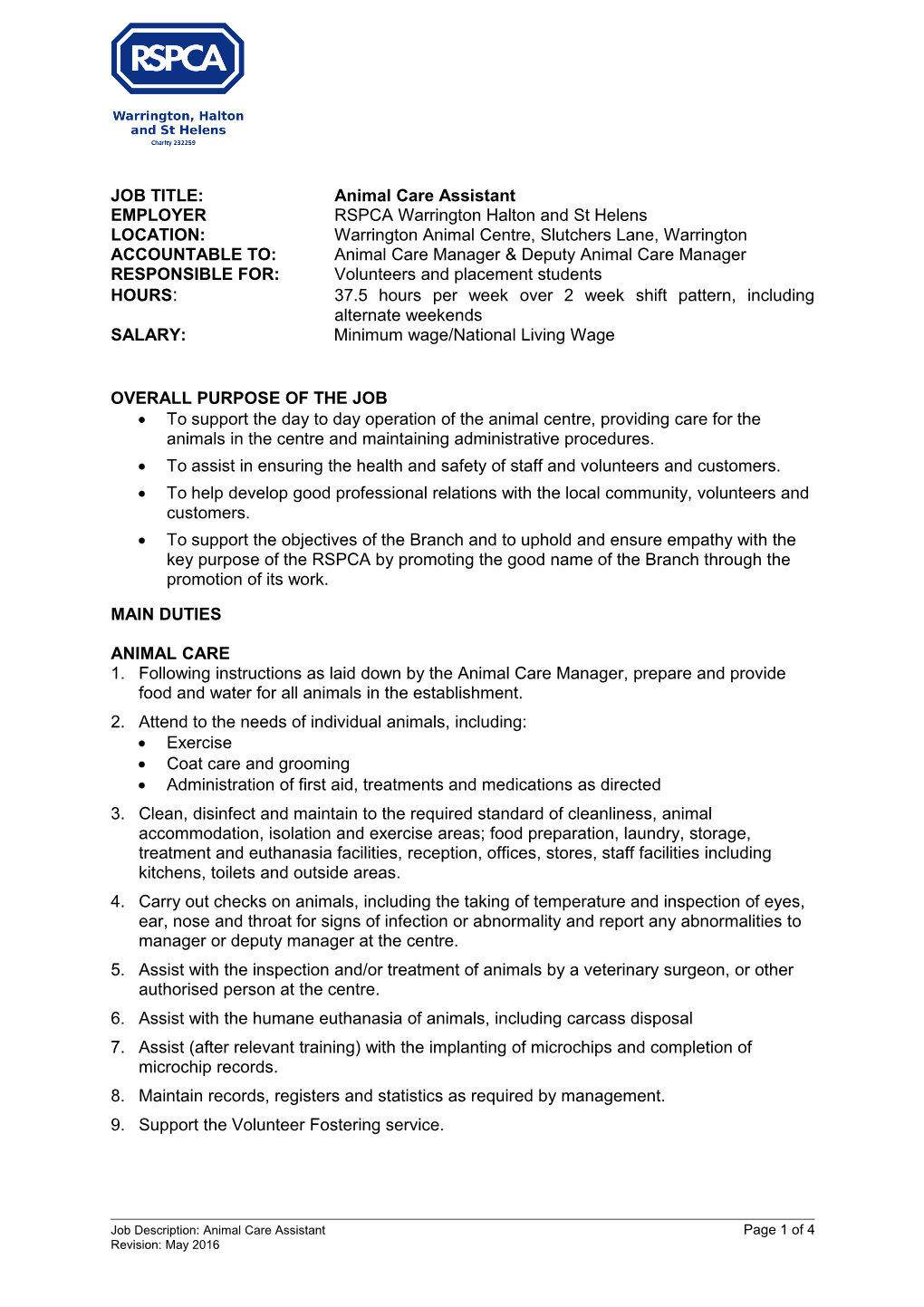 Animal Care Assistant - Job Description