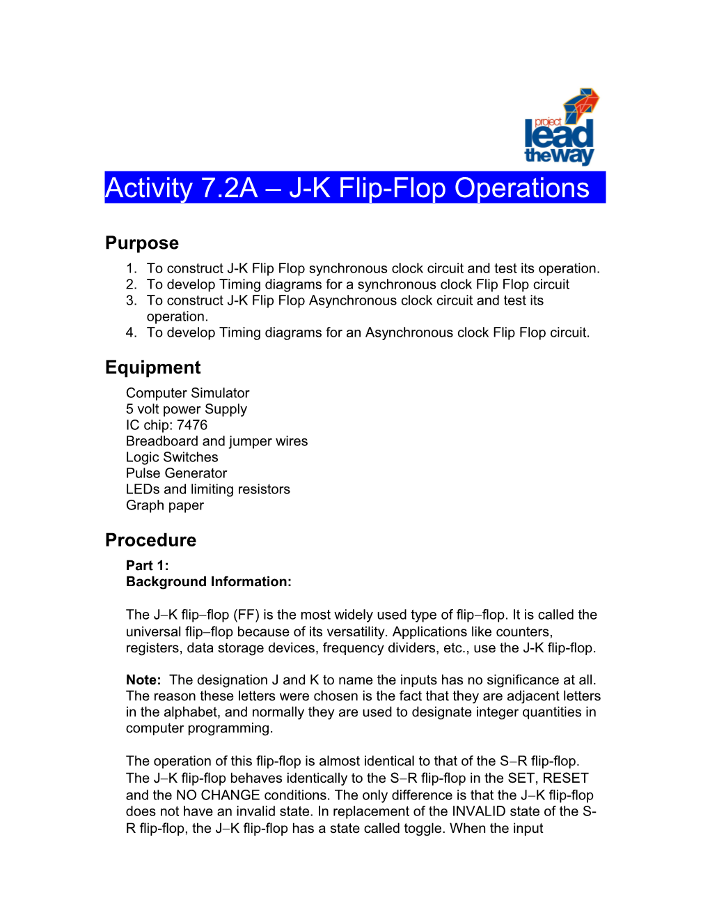 Activity 7.2A J-K Flip-Flop Operations