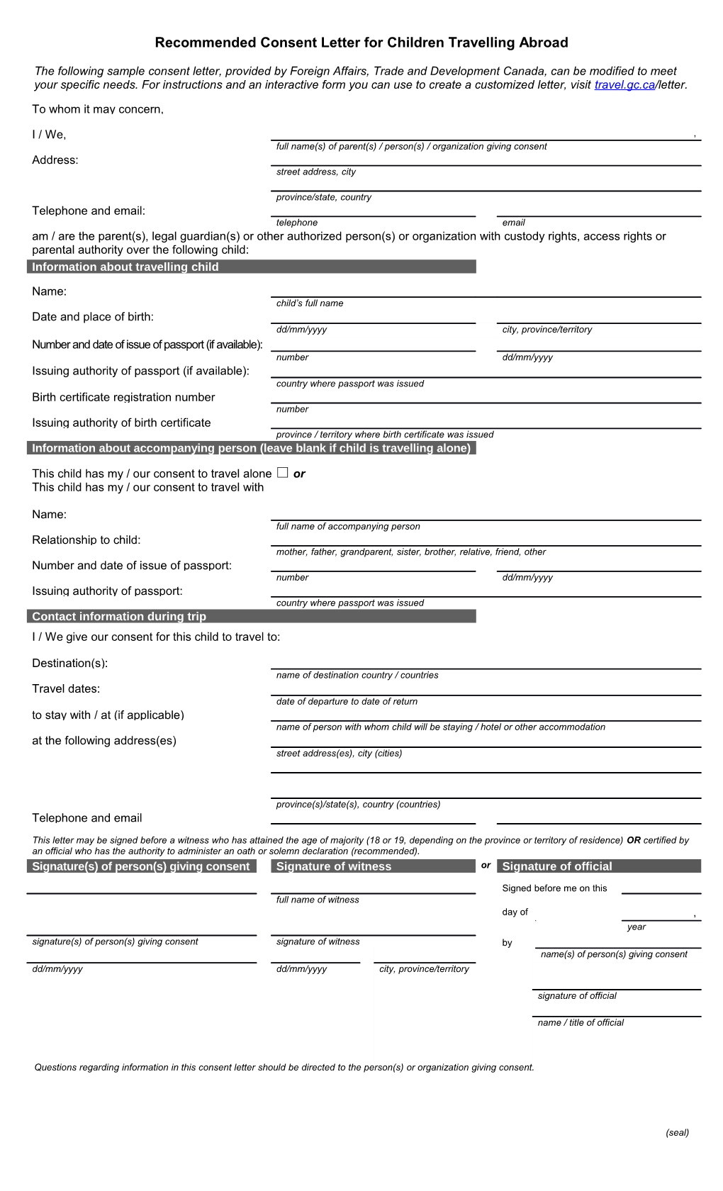 Recommended Consent Letter for Children Travelling Abroad