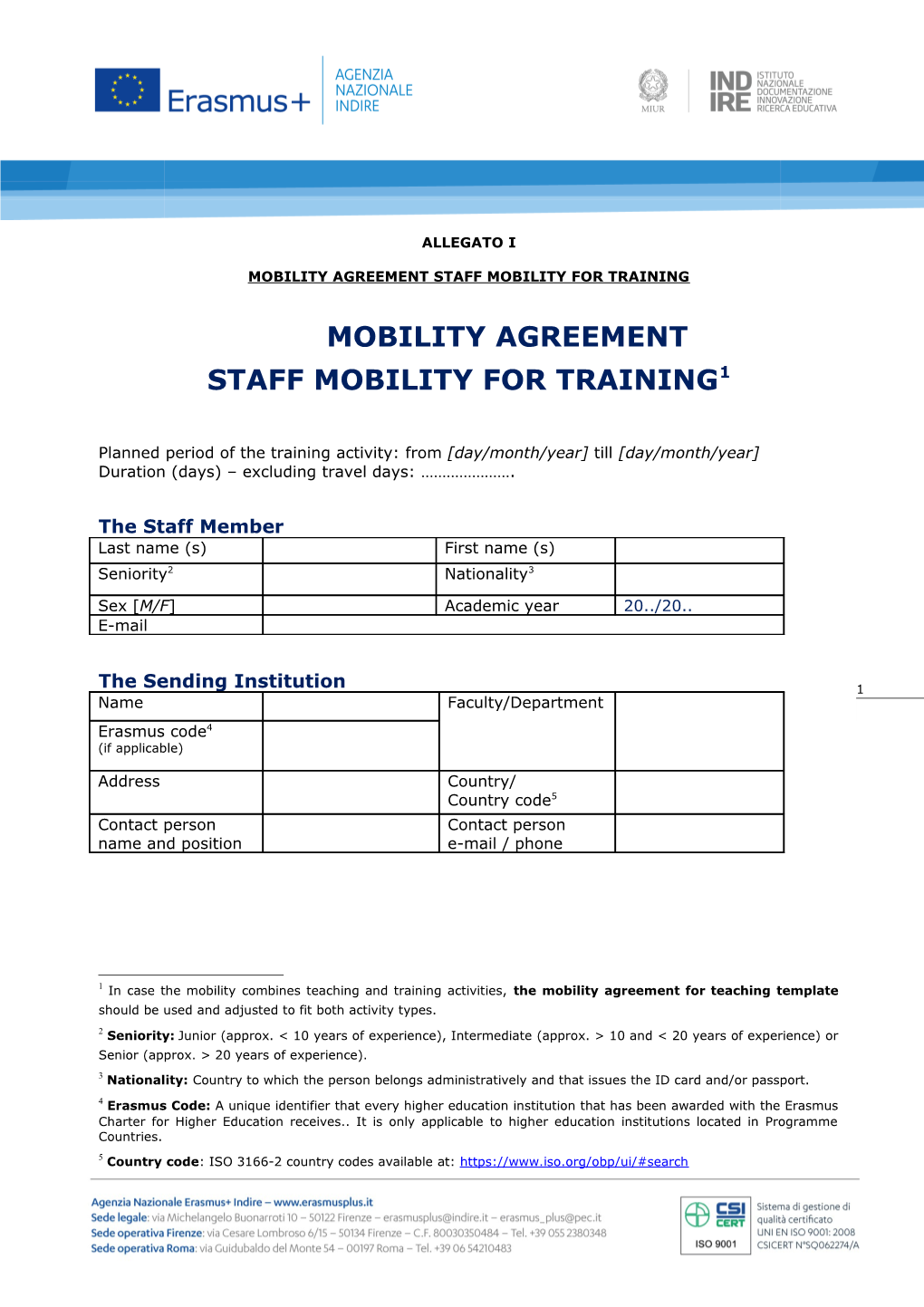Mobility Agreement Staff Mobility for Training