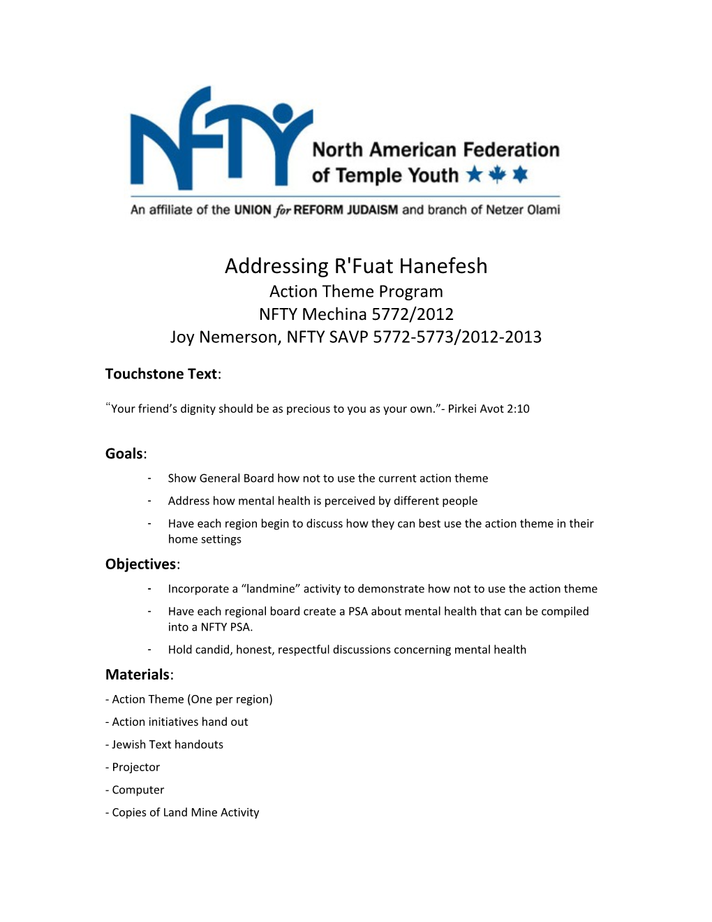 Joy Nemerson, NFTY SAVP 5772-5773/2012-2013