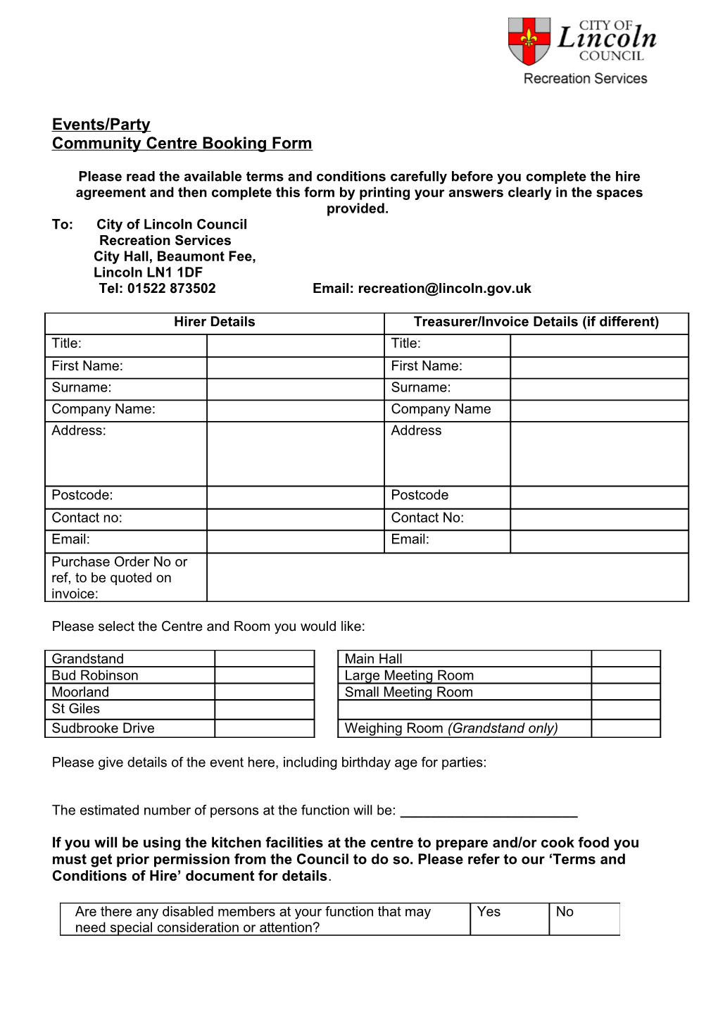 Community Centre & Sport Facility Booking Form