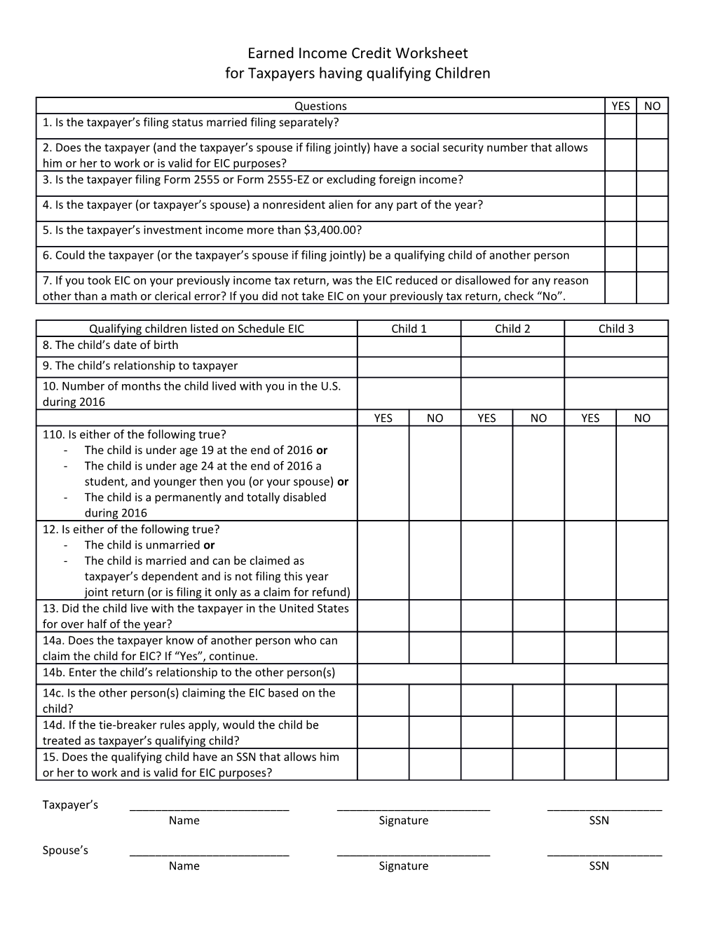 Earned Income Credit Worksheet