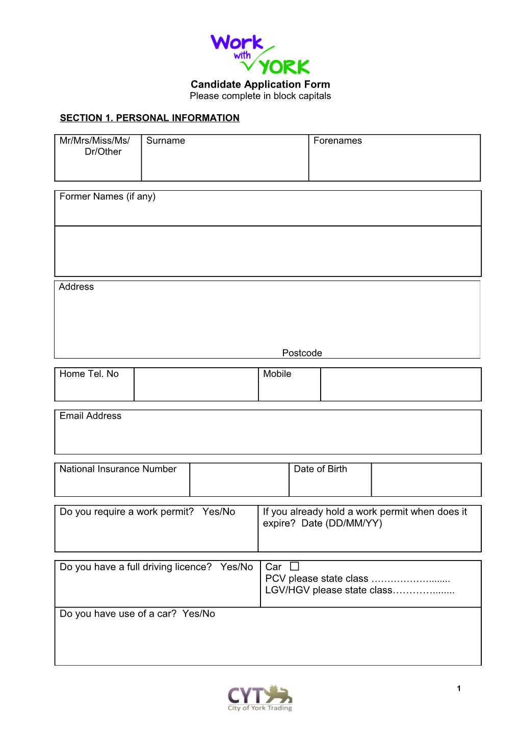 Application Form for City of York Supply Agency