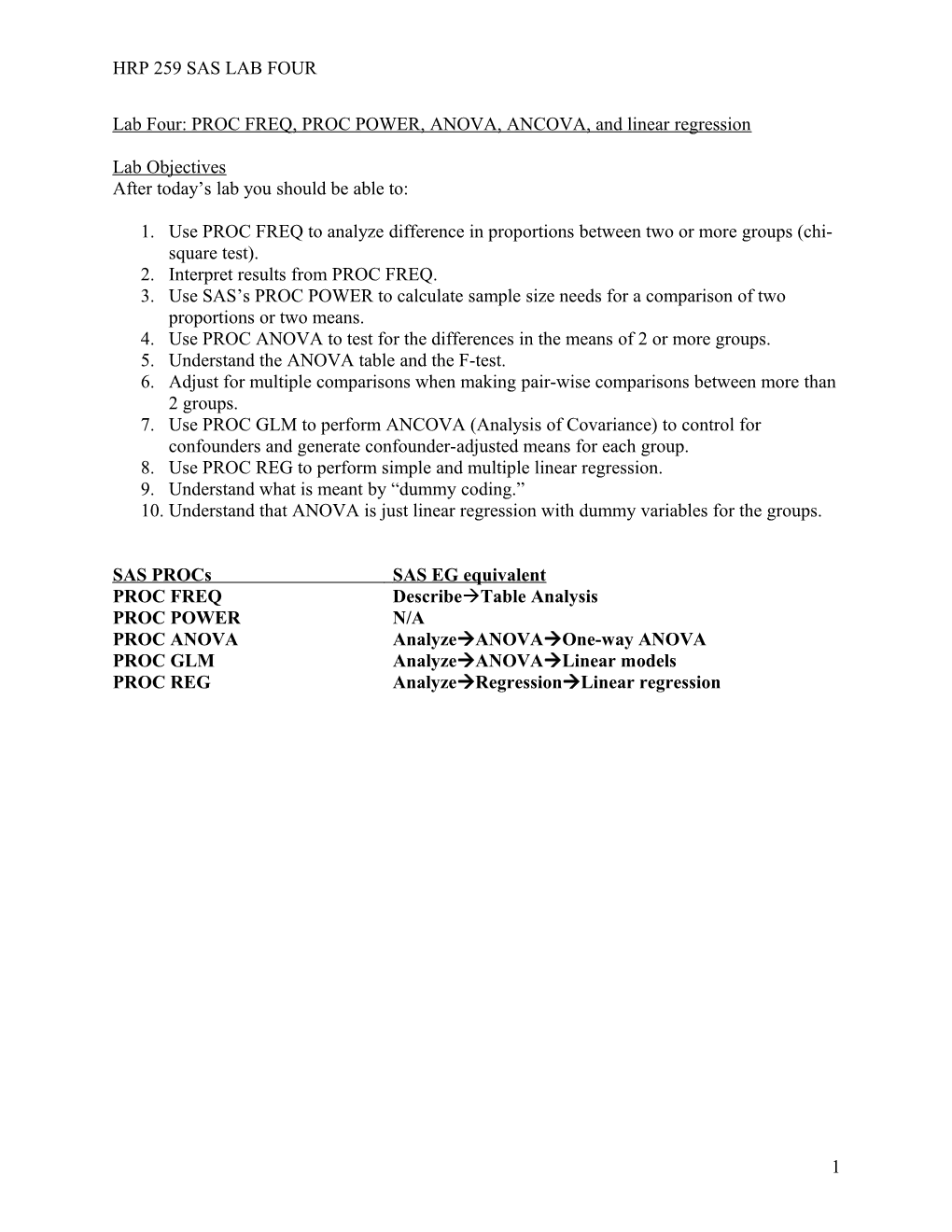 Lab Four: PROC FREQ, PROC POWER, ANOVA, ANCOVA, and Linear Regression