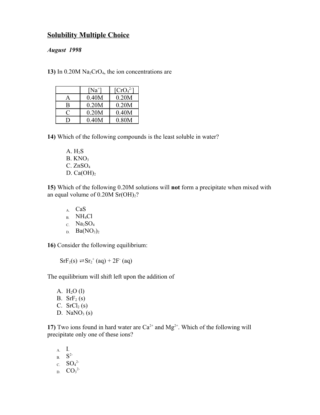 Solubility Multiple Choice