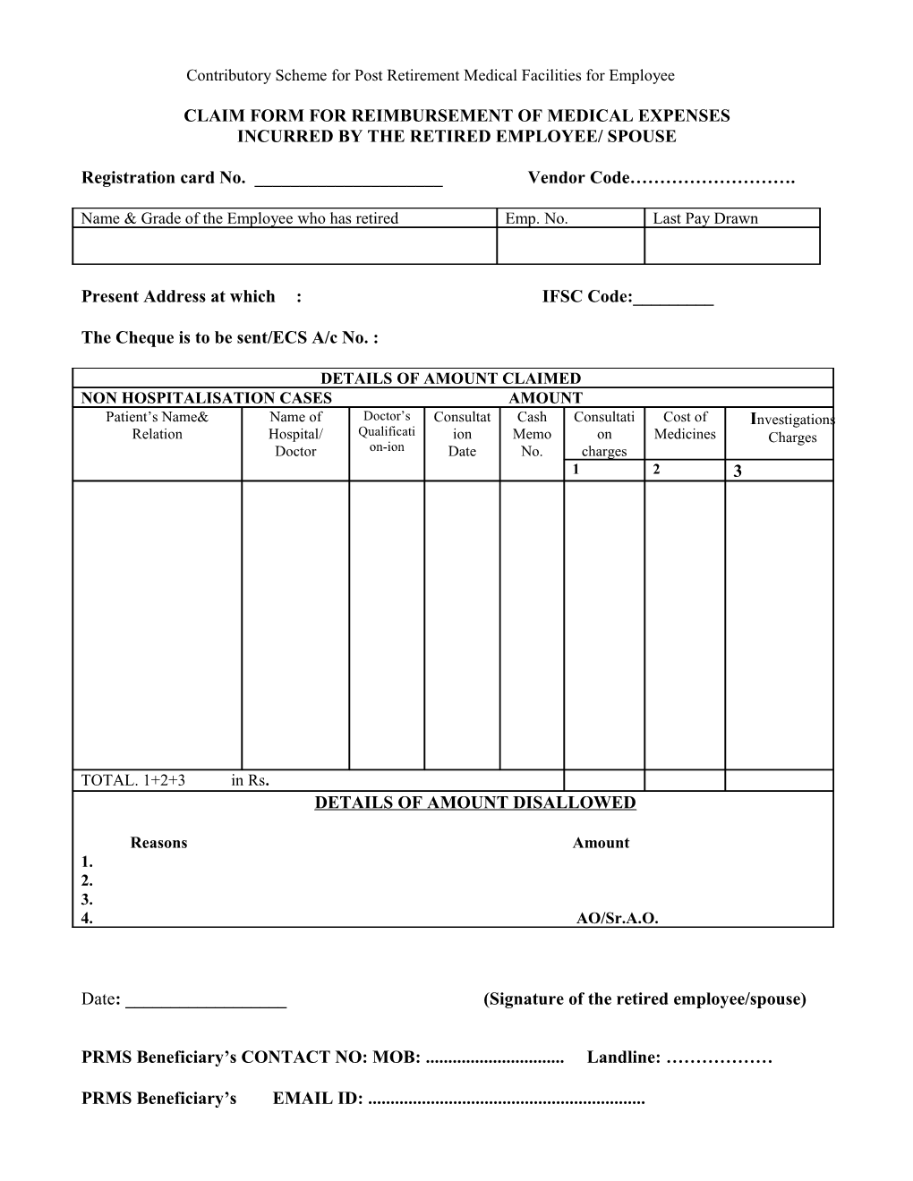 Claim Form for Reimbursement of Medical Expenses