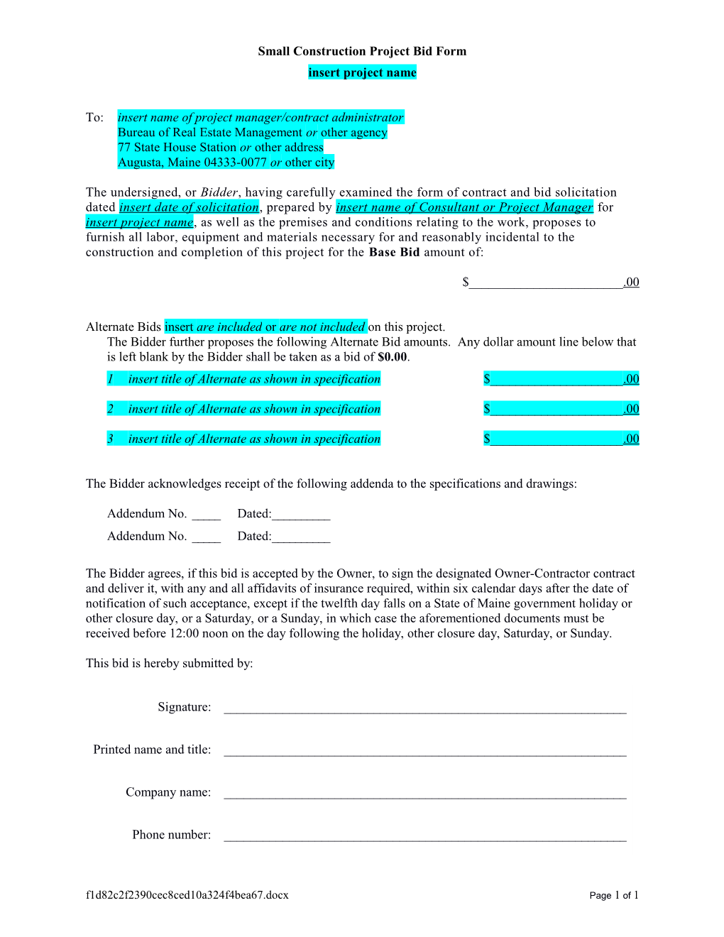 Small Construction Project Bid Form