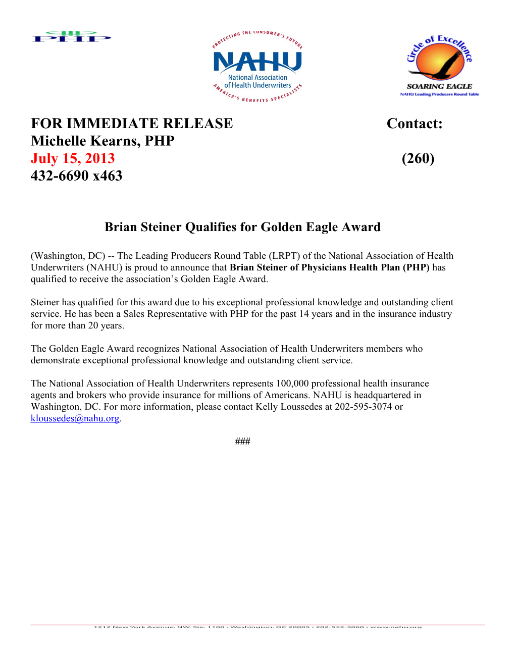 Press Release Template: Qualifies for Soaring Eagle Award
