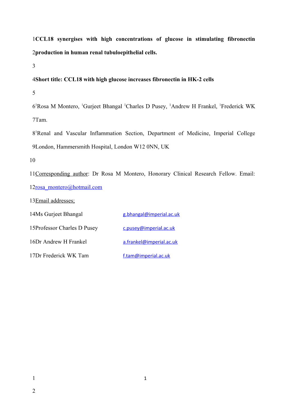 Short Title: CCL18 with High Glucose Increases Fibronectin in HK-2 Cells