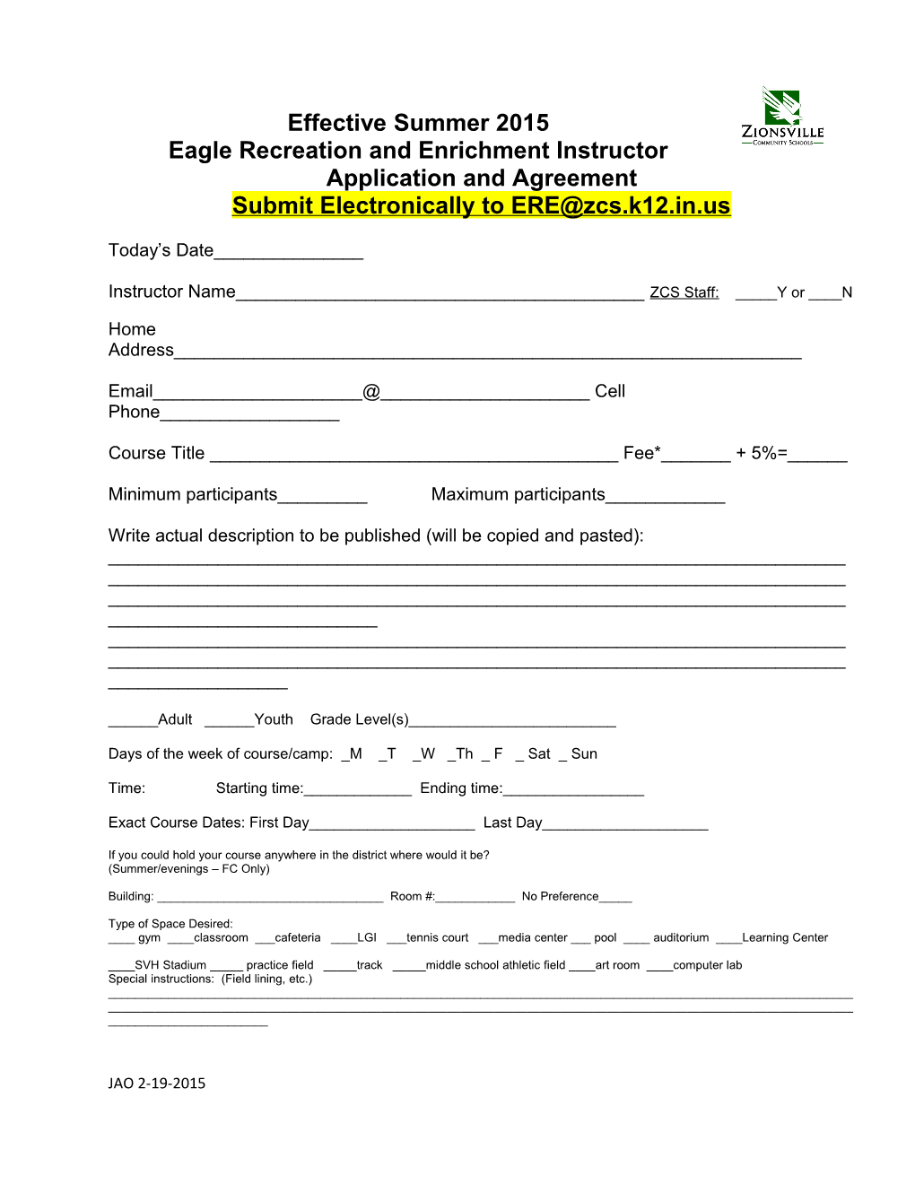 Eagle Recreation and Enrichment Instructor Application and Agreement