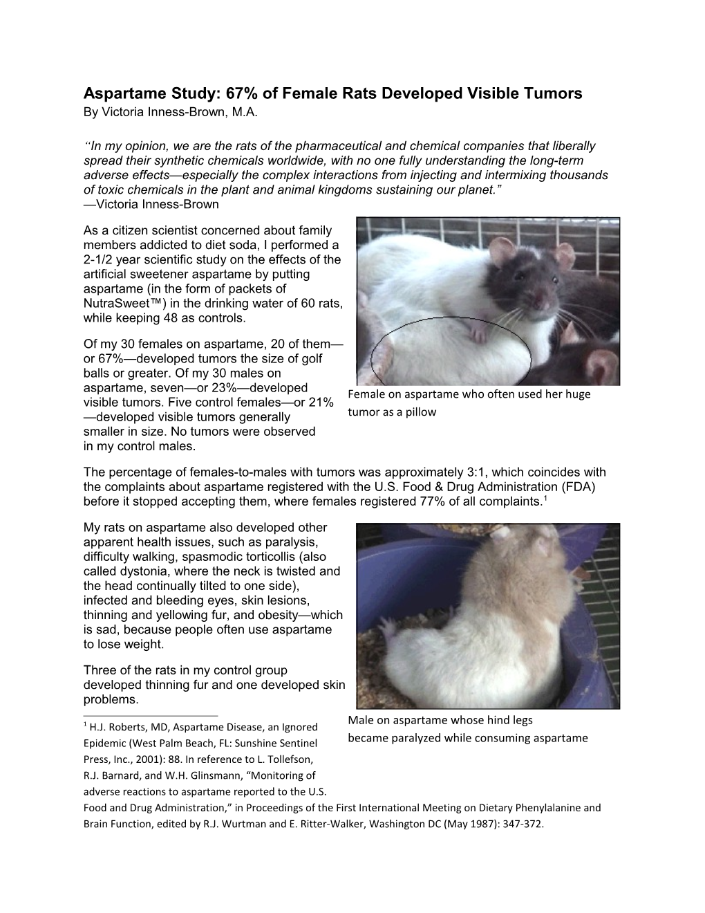 Aspartame Study: 67% of Female Rats Developed Visible Tumors