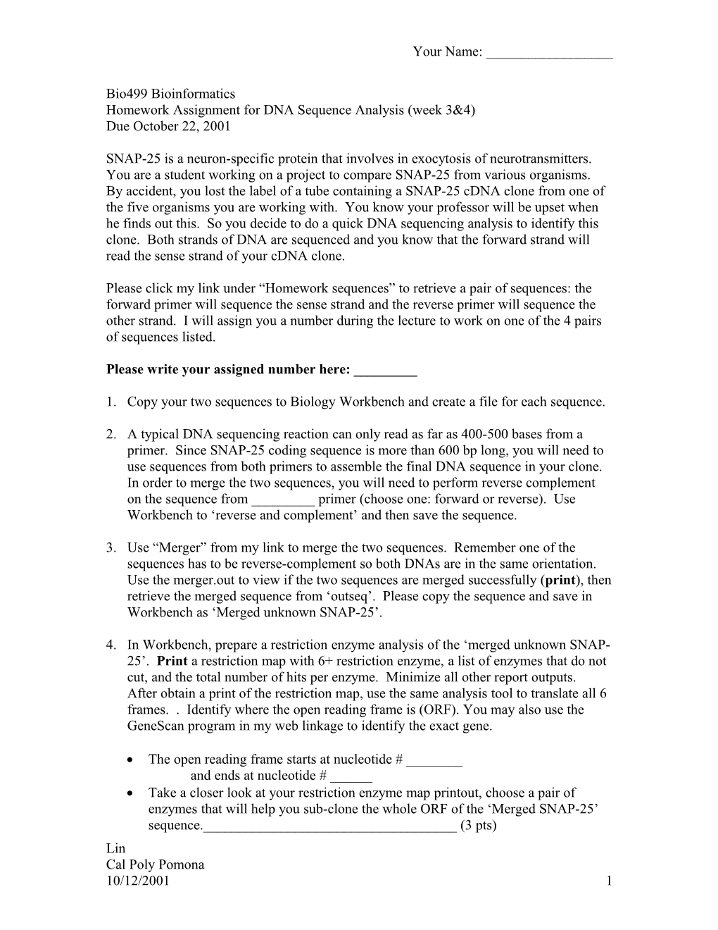 Homework Assignment for DNA Sequence Analysis (Week 3&4)