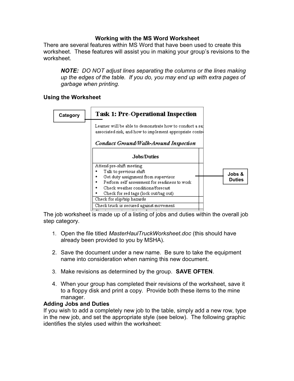 Working With The MS Word Worksheet
