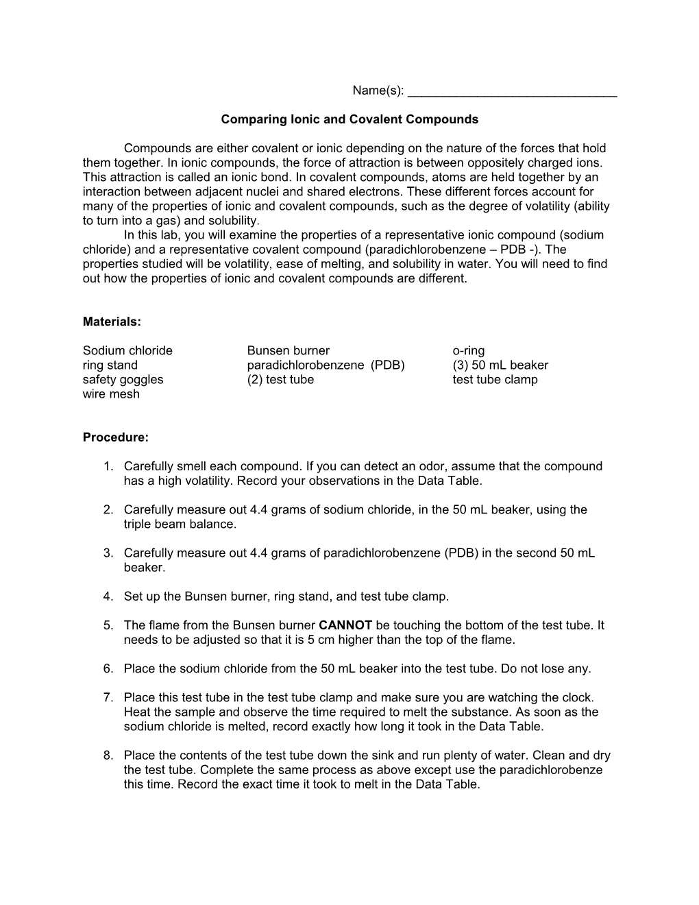 Comparing Ionic and Covalent Compounds