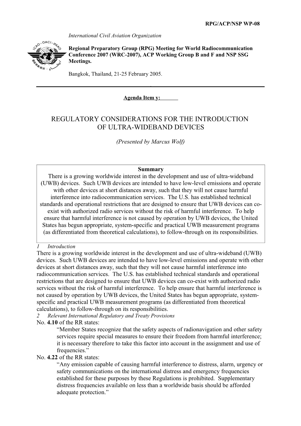 Regulatory Considerations for the Introduction of Ultra-Wideband Devices