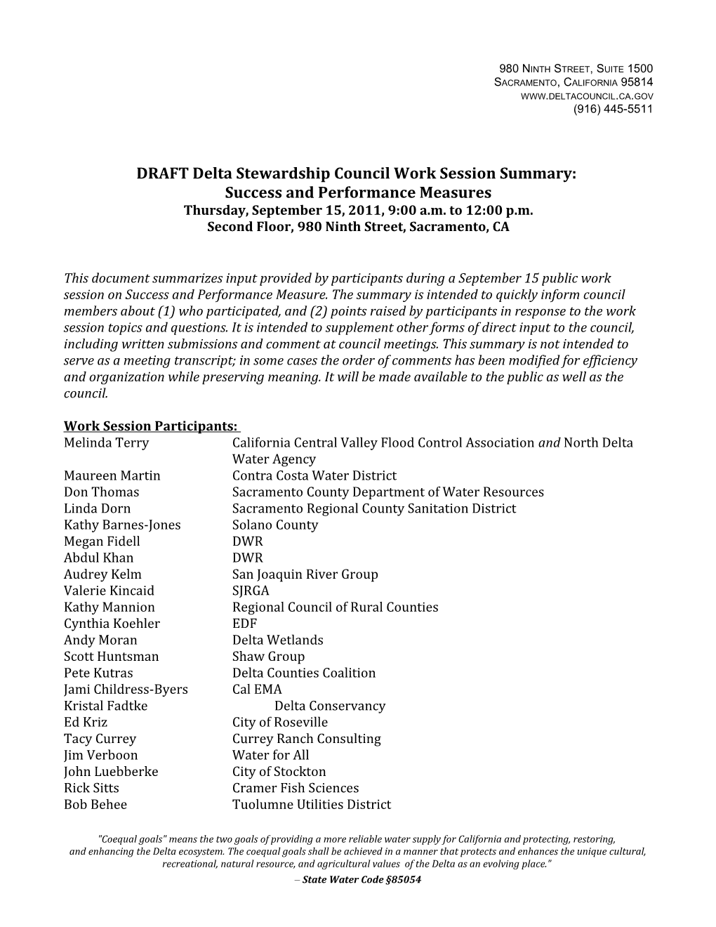 DRAFT Delta Stewardship Council Work Session Summary