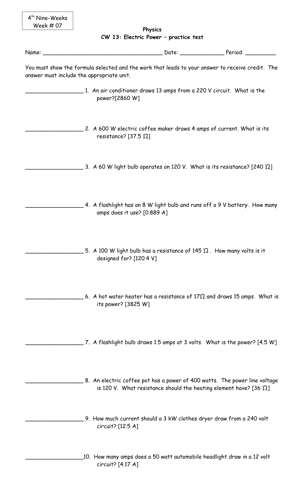 CW 13: Electric Power Practice Test