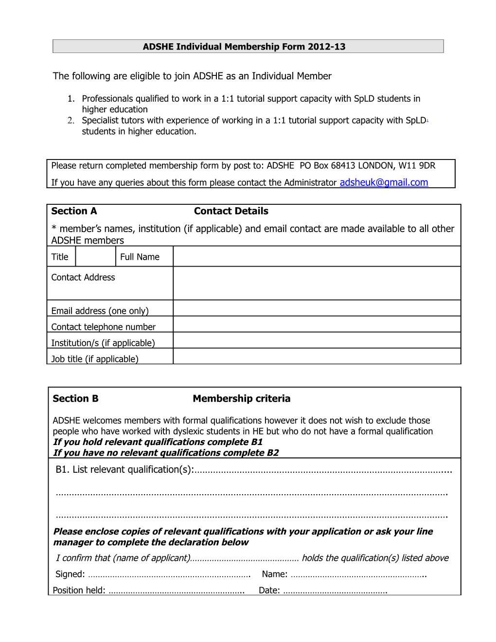 ADSHE Membership Form