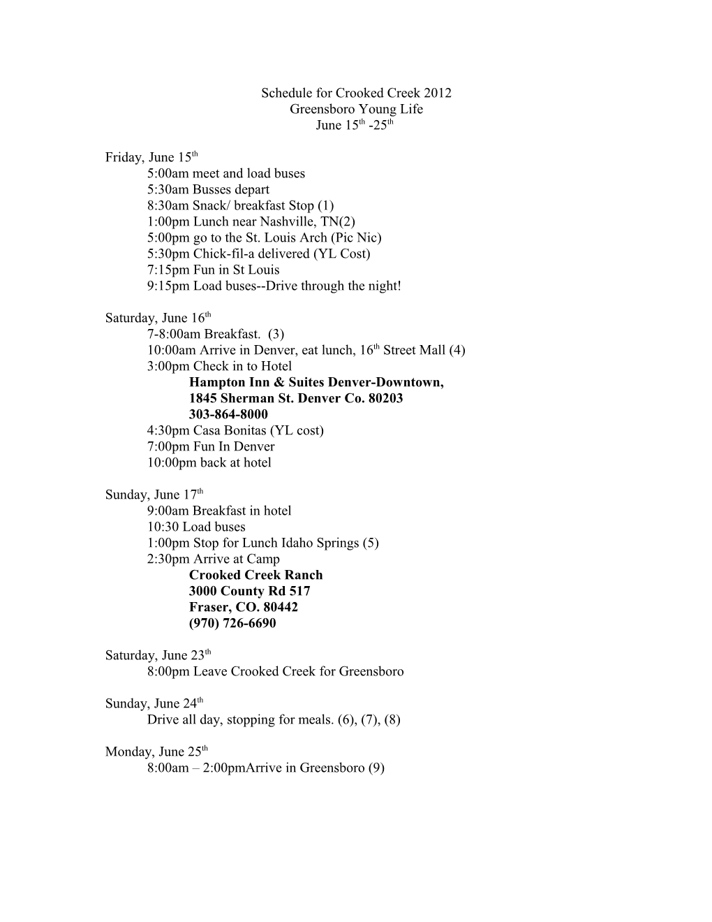 Schedule for Frontier Ranch 2006