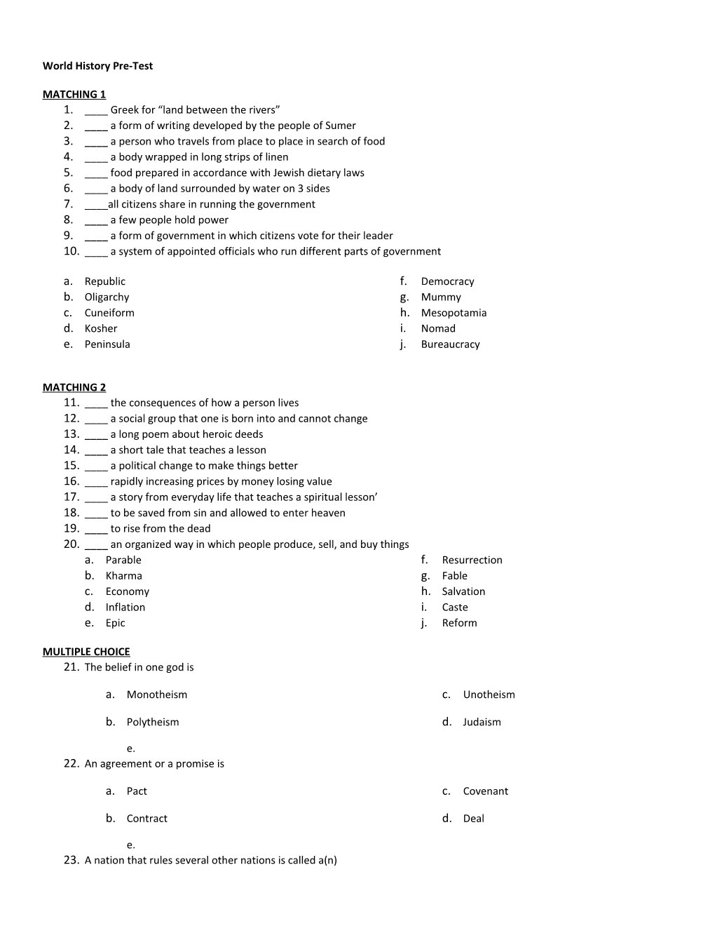 World History Pre-Test