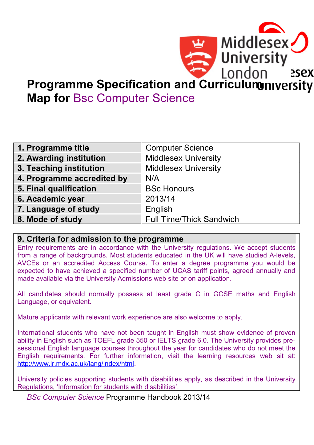 Programme Specification and Curriculum Map for Bsc Computer Science