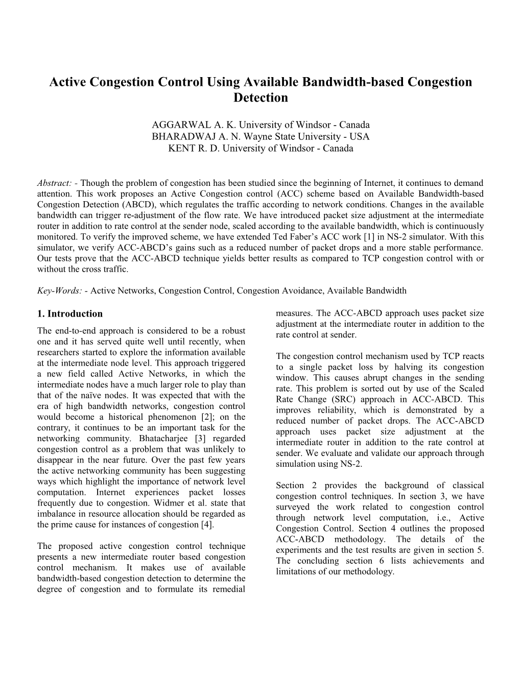 Active Congestion Control (ACC) Using Available Bandwidth-Based Congestion Detection (ABCD)