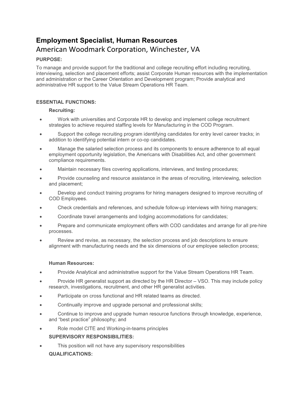 Employment Specialist, Human Resources American Woodmark Corporation, Winchester, VA