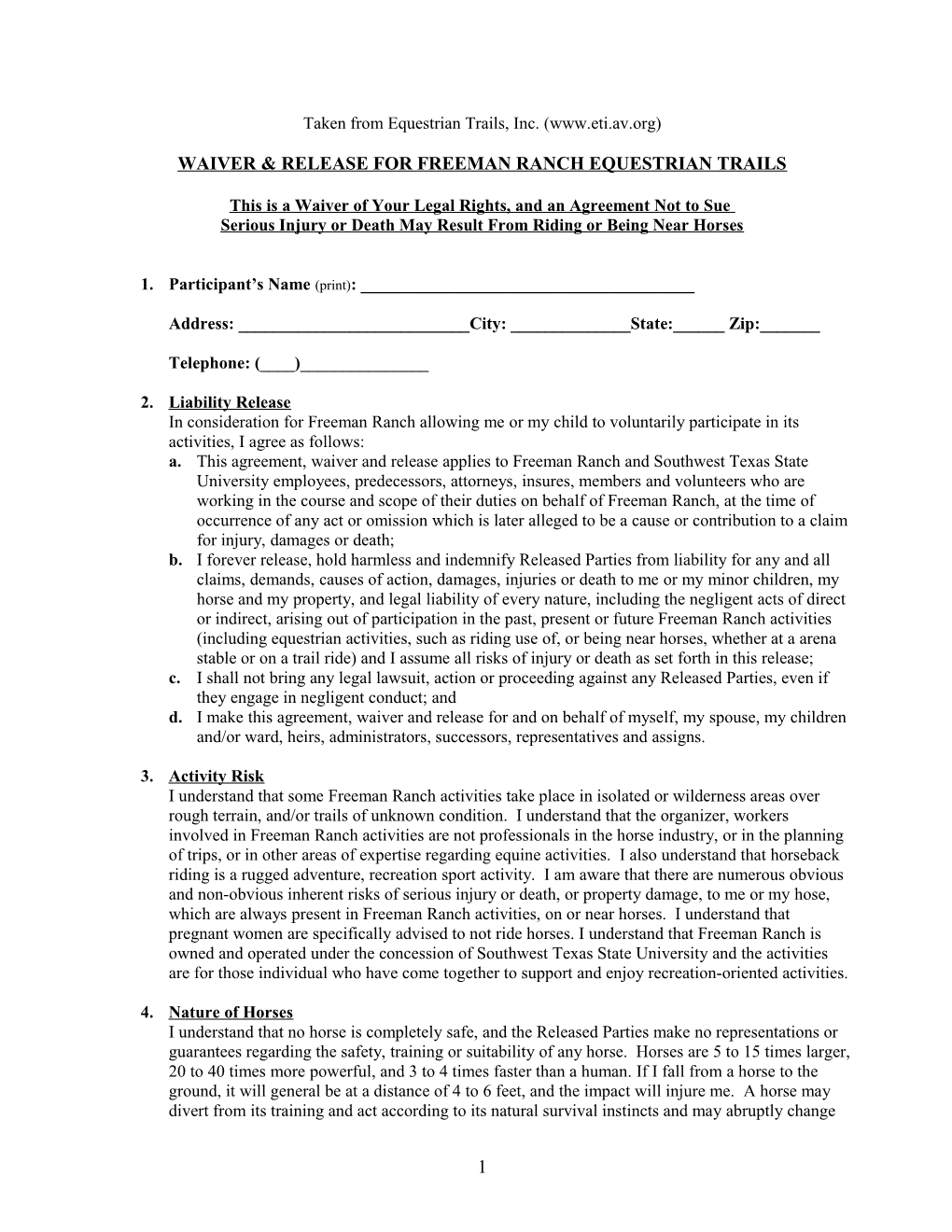 Waiver & Releasefor Freeman Ranch Equestrian Trails