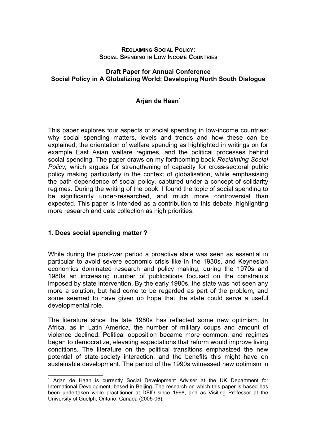 Paper Abstract RC19, Annual Conference on Social Policy in a Globalizing World: Developing